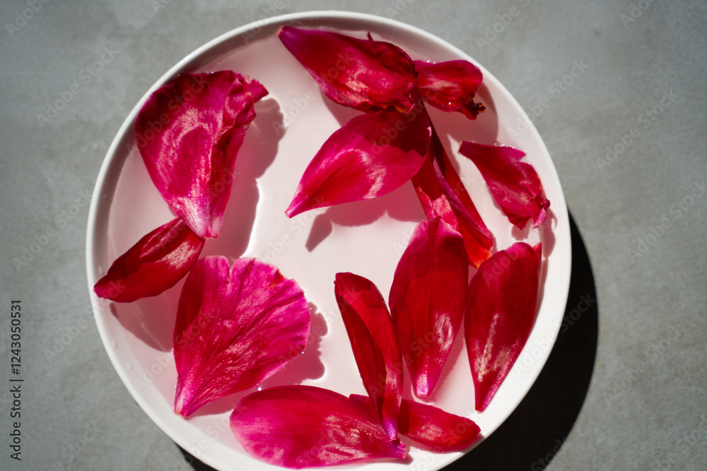 Peony or rose petals slowly fall into water in a white plate