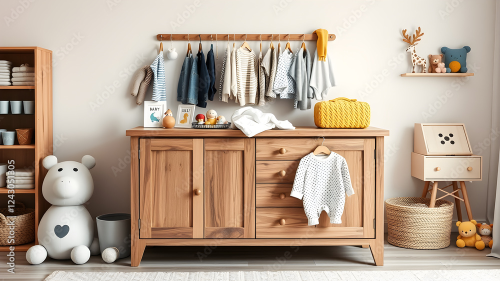 Obraz premium Sideboard with toys and clean baby clothes in children room. Generative AI