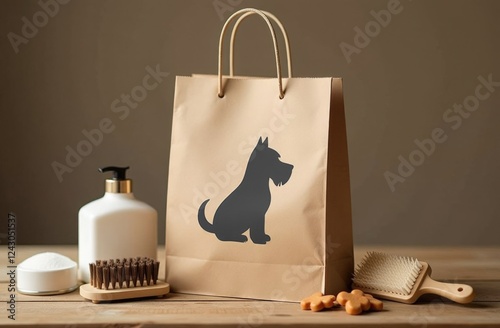 Cosmetic products for grooming salon and pet care: towels, jars and bottles for animal care products, packaging for purchases in a pet store. Animal care and care, Business grooming, pet store photo