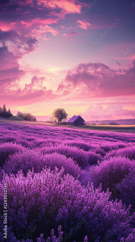 A dreamy field filled with lilac bushes, a small cottage in the distance, and a sky painted with pink and purple hues at sunset A dreamy field filled with lilac bushes, a small cottage in the distance, and a sky painted with pink and purple hues at sunset