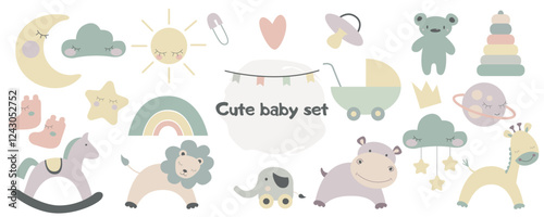 Vector Cute newborn baby icons set. Hand drawn childish funny simple vector illustrations with sun, stars, clouds, toys, baby stroller, pacifier, booties in pastel colors