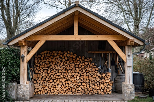 Woodshed protecting firewood for winter, storing axe and tools photo