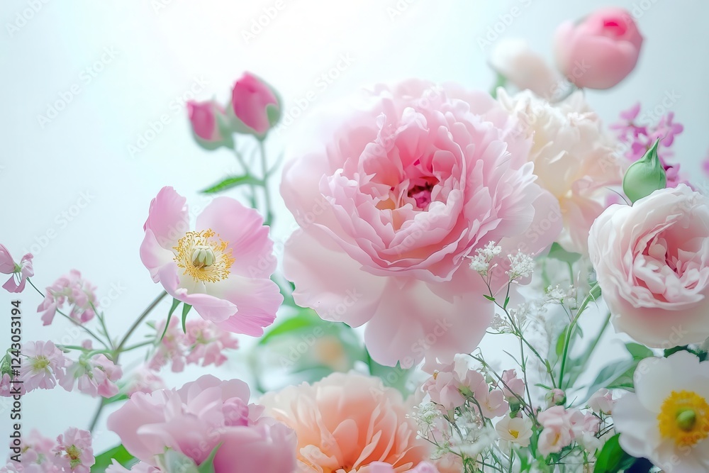 garden in full bloom with peonies, roses, and wildflowers in watercolor style, soft pastels against crisp white background, botanical illustration