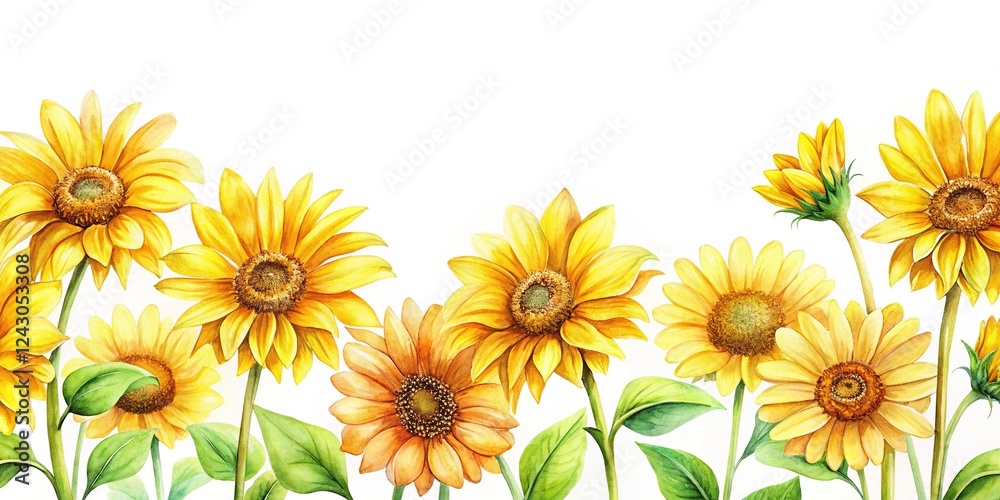 Fototapeta premium Warm Mexican sunflower watercolor border, low light, floral invitation.