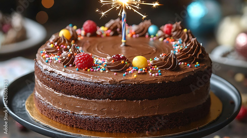 Delicious twolayered chocolate cake, decorated with colorful sprinkles, raspberries, and chocolate frosting. photo