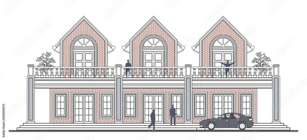 Fototapeta premium Facade of 2 storey symmetrical colonial shop house style with 6 doors, 4 columns, triplets triangular roof, balustrade, frames, stairs, canopy and its elements design.