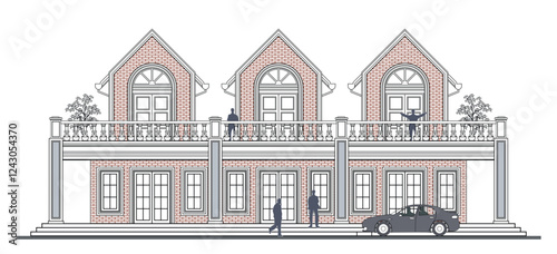 Facade of 2 storey symmetrical colonial shop house style with 6 doors, 4 columns, triplets triangular roof, balustrade, frames, stairs, canopy  and its elements design.