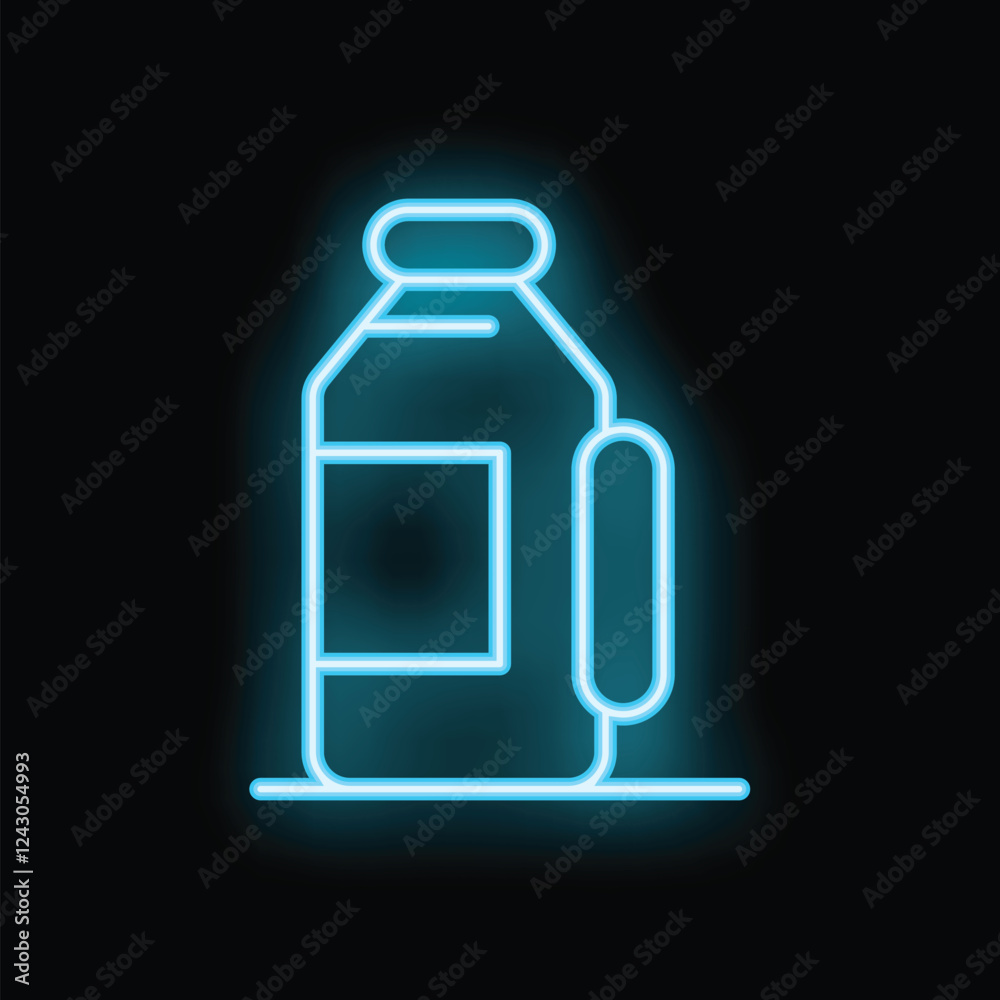 Obraz premium Bright blue neon icon of laundry detergent bottle glowing on black background