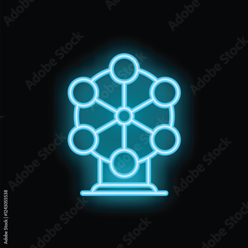 Bright blue neon sign of a ferris wheel glowing on a dark background