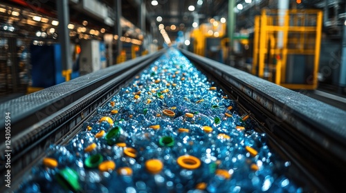 Stream of colorful plastic waste flowing through a recycling facility with machinery in background