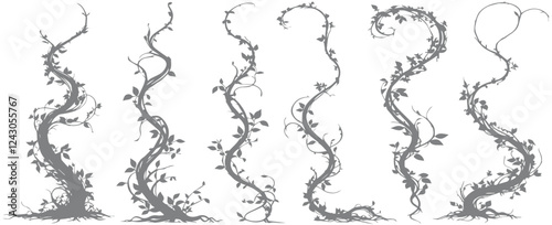 Jungle creeper silhouettes. Tropical forest lianas, rainforest hanging sprouts. Climbing liana vines flat set vector illustration