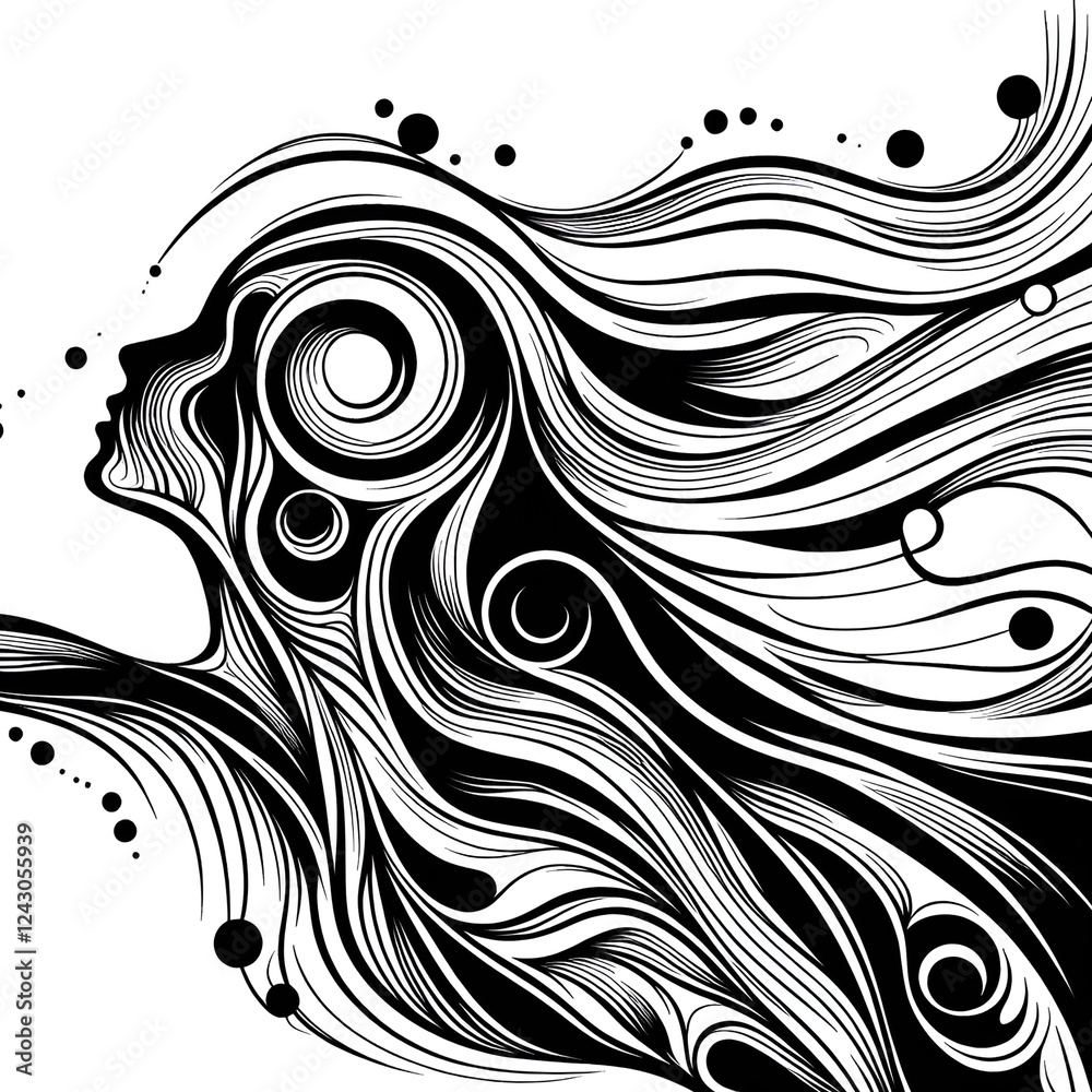 Fototapeta premium Dynamic black and white vector illustration of a female profile with flowing hair and abstract swirls 