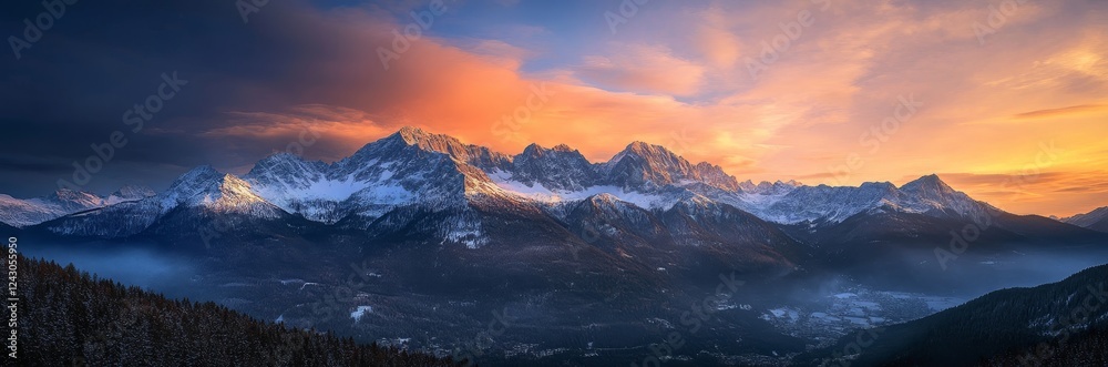 Sunset over snowy mountain range, valley below, fiery sky Sunset over snowy mountain range, valley below, fiery sky