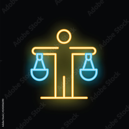 Neon sign representing a person holding a balance scale in their hands, symbolizing justice, fairness, and equality