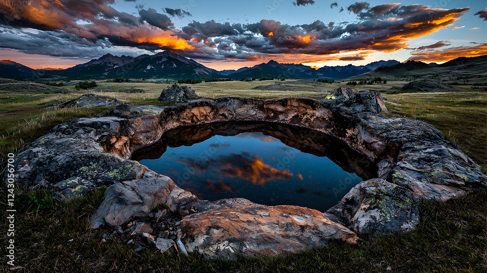Obraz premium Sunset reflection in mountain pool, scenic landscape