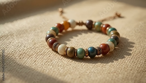 Colorful handmade bracelet with natural beads on linen fabric in soft light