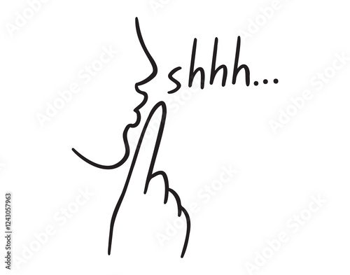 finger in mouth gesture symbol for silence doodle hand drawn icon. Outline drawing finger in mouth gesture line clipart symbol