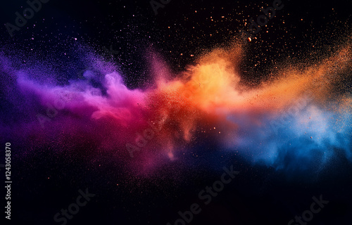 Colorful powder explosion in vibrant colors for the Holi festival, an abstract background with copy space.