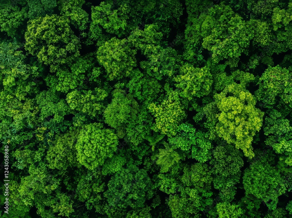 Drone shot of dense green trees highlighting carbon sequestration Drone shot of dense green trees highlighting carbon sequestration
