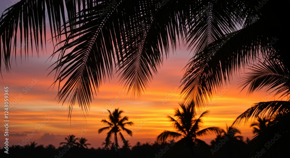 Fototapeta premium Tropical sunset with vibrant sky and silhouetted palm trees