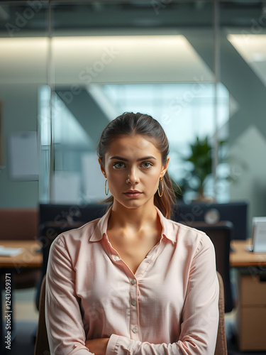 Intense Focus on a Young Woman in an Office Setting photo