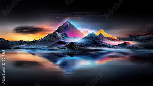 Surreal mountain range with pixelated peaks shifting in neon colors and earthy tones, blending natural rocky terrain with digital data streams and binary code, merging nature with the digital world
