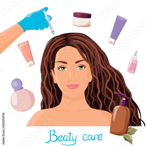 Beauty care, cosmetology, anti-aging concept, woman with different skin care products