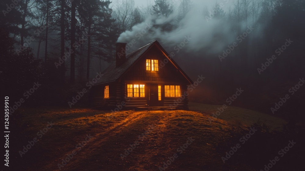 Enigmatic house or cabin in a foggy forest with a road at night. Enigmatic house or cabin in a foggy forest with a road at night.