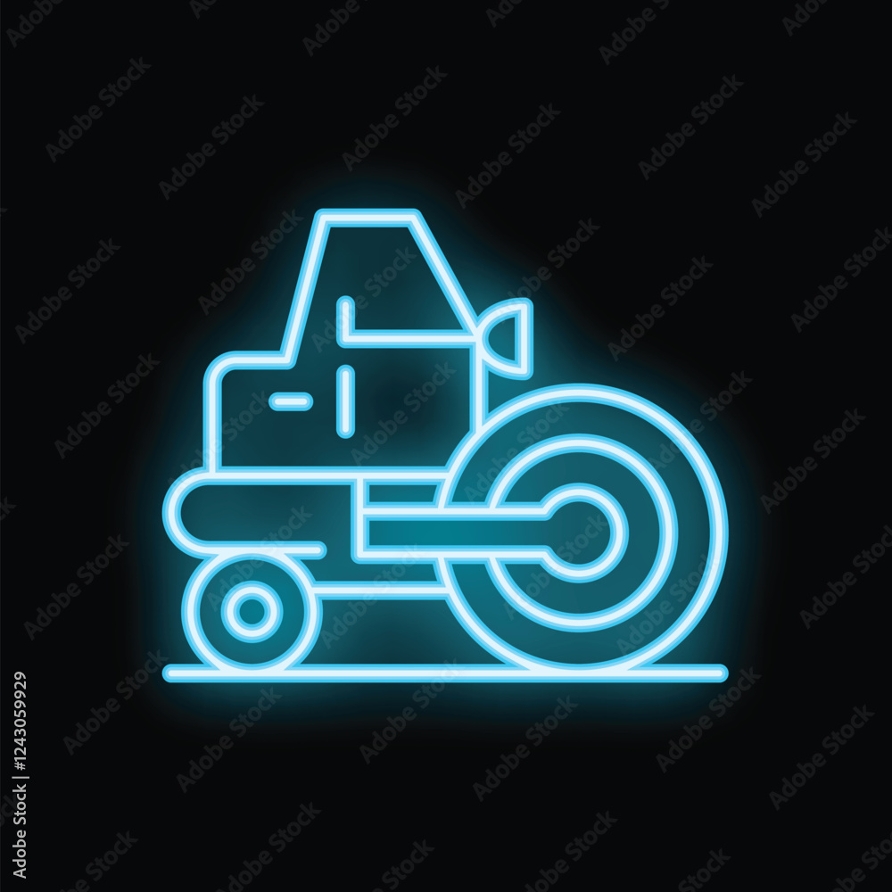 Naklejka premium Bright blue neon icon of a road roller working on a road construction project
