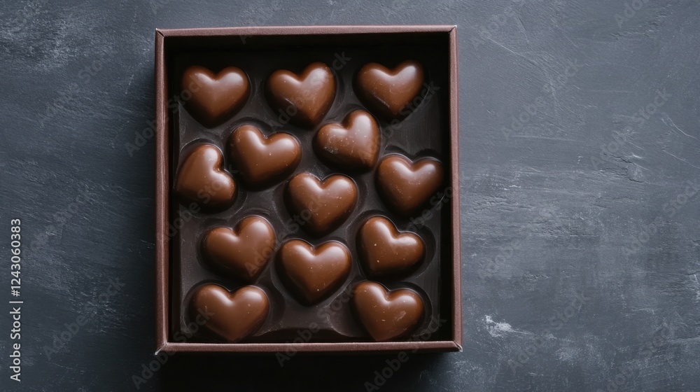 A Delightful Array of Heart-Shaped Chocolates, Exquisitely Arranged in a Luxurious Dark Box, Resting on a Sumptuous Gray Marble Surface, Evoking a Sense of Elegance and Indulgence A Delightful Array of Heart-Shaped Chocolates, Exquisitely Arranged in a Luxurious Dark Box, Resting on a Sumptuous Gray Marble Surface, Evoking a Sense of Elegance and Indulgence