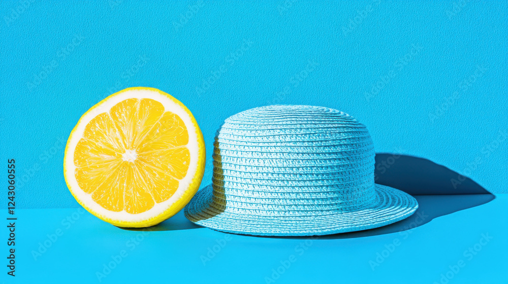 Bright Lemon Art With Blue Hat Against Vibrant Background Creates Cheerful Summer Vibes. Generative AI Bright Lemon Art With Blue Hat Against Vibrant Background Creates Cheerful Summer Vibes. Generative AI