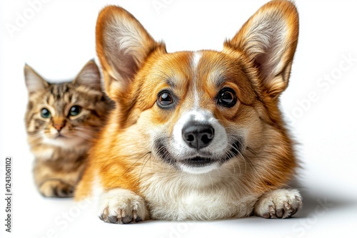 Dog and cat, both pleased and amazed, sit on the floor, facing the camera, set against a transparent background