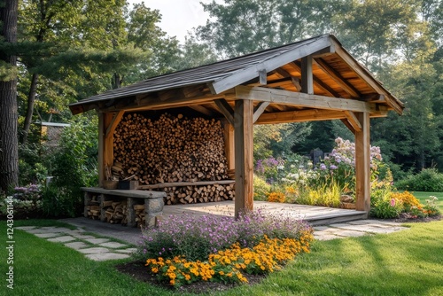 Wooden pavilion storing firewood in a beautiful garden photo