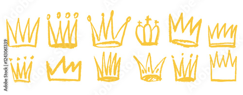 Golden crown crayon pencil hand drawn doodle scribble set. Line freehand splash royal jewel. Charcoal textured dry brush collection.
