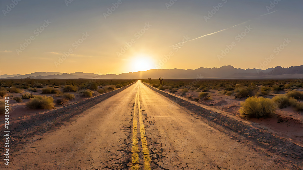 Naklejka premium The spacious road goes into the distance through the endless desert, bathed in the golden light of the setting sun.
