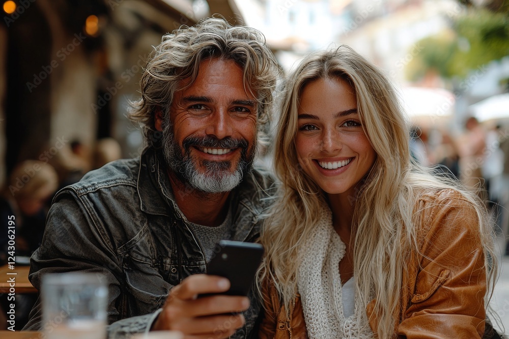 A couple enjoys coffee and uses their smartphones while strolling through the city A couple enjoys coffee and uses their smartphones while strolling through the city