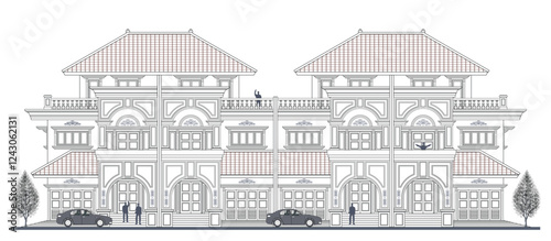Facade of 3 storey symmetrical colonial houses style with 12 doors, 16 columns, windows, garage, crown,  balustrade, frames, stairs, canopy, trapezoidal roof  and its elements design.