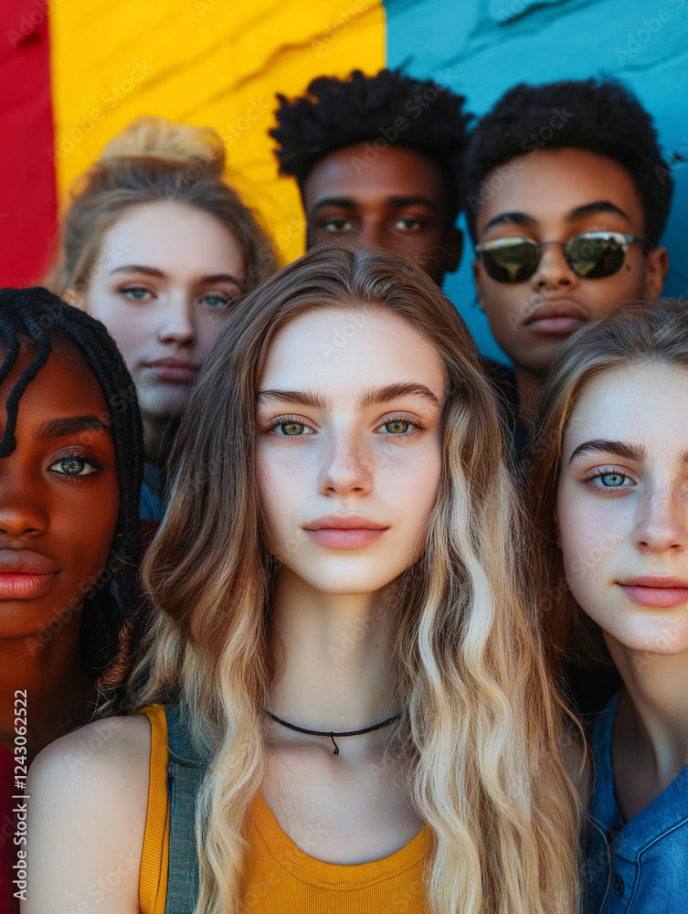 Fototapeta premium Diverse group of young people smiling against colorful wall
