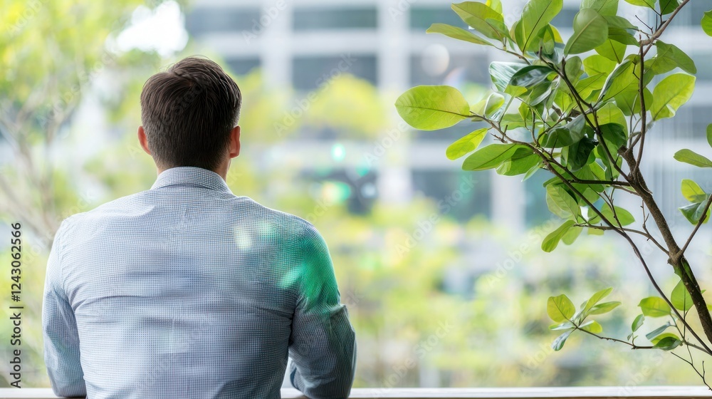 Contemplative Man Looking Out Office Window at City Contemplative Man Looking Out Office Window at City