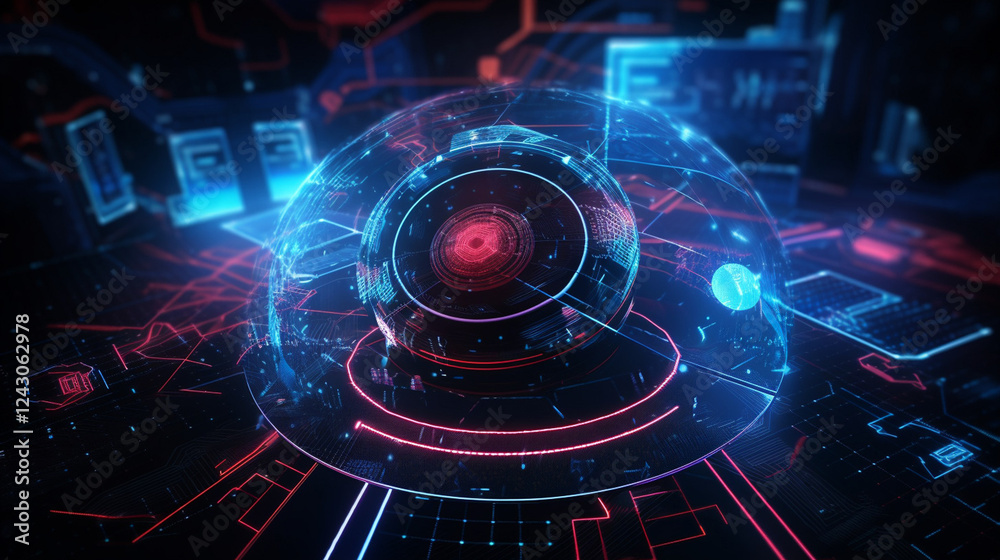 Obraz premium Futuristic digital interface with glowing red and blue holographic elements, representing an advanced artificial intelligence system