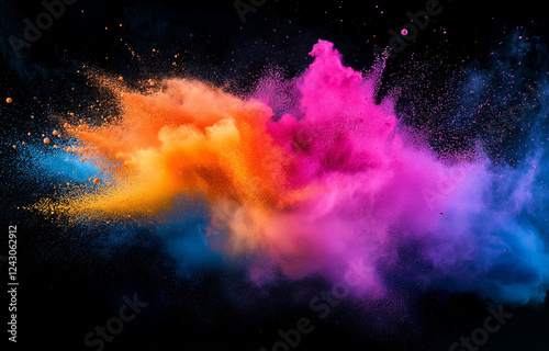 Colorful powder explosion in vibrant colors for the Holi festival, an abstract background with copy space.