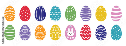 Cute cartoon easter egg decorated with dots, stripe, line, ornaments or Easter design. doodle colorful egg Easter set.