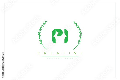 PI letters eco logo with leaf. Fresh nature and healthy leaf logo design.