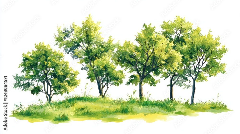 Fototapeta premium Lush green trees on grassy hill, nature scene, landscape design