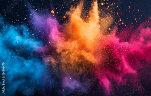 Colorful powder explosion in vibrant colors for the Holi festival, an abstract background with copy space.