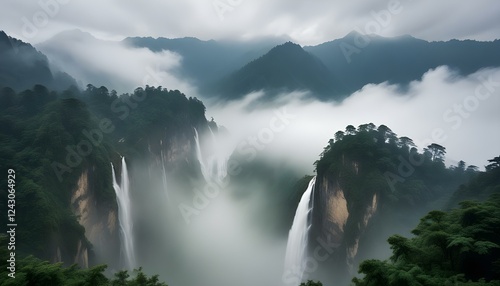 A lo lejos, hay una etérea, oscura y misteriosa cascada blanca en la cima de montañas flotantes, Emei en la provincia de Sichuan. Las nubes y la niebla lo ocultan a la vista photo