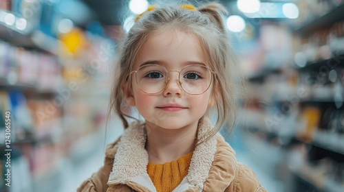 A cheerful young girl wearing glasses stands in a vibrant store aisle, showcasing a variety of items around her. Her warm smile and cozy outfit create an inviting atmosphere