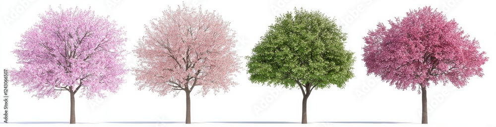 Frontal view of a set of Cornus florida (flowering dogwood) with pink blossoms, set along a street in summer, isolated on a transparent background with a perfect cutout Frontal view of a set of Cornus florida (flowering dogwood) with pink blossoms, set along a street in summer, isolated on a transparent background with a perfect cutout