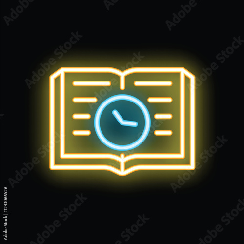 Glowing neon icon of a clock over an open book representing history and the passage of time