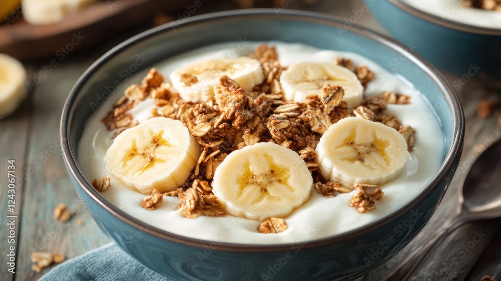 Delicious and Healthy Yogurt Parfait with Granola and Banana Slices Delicious and Healthy Yogurt Parfait with Granola and Banana Slices